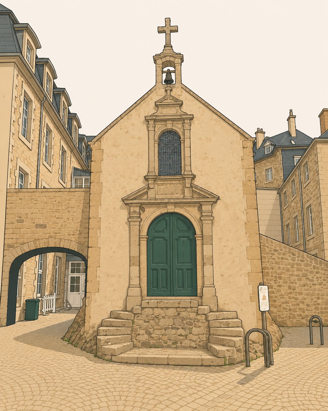 La chapelle Saint-Aaron, pignon de granite surmonté d'un clocheton à cloche