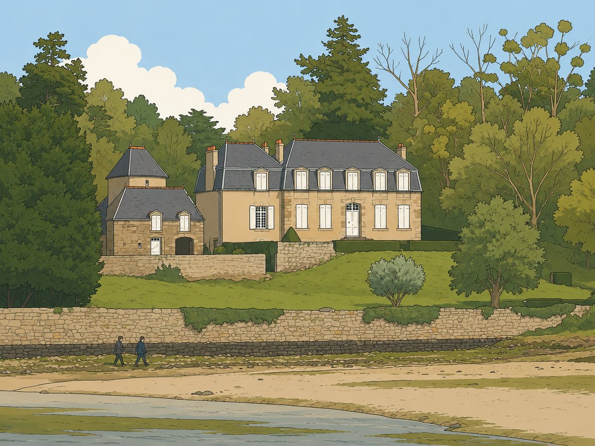 A house above the Rance foreshore, behind its retaining wall