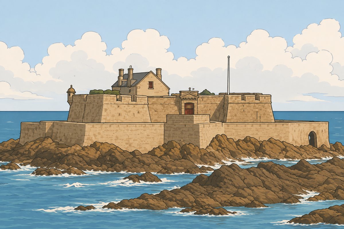 Le fort National à marée haute, ses courtines de granite posées sur l'estran rocheux