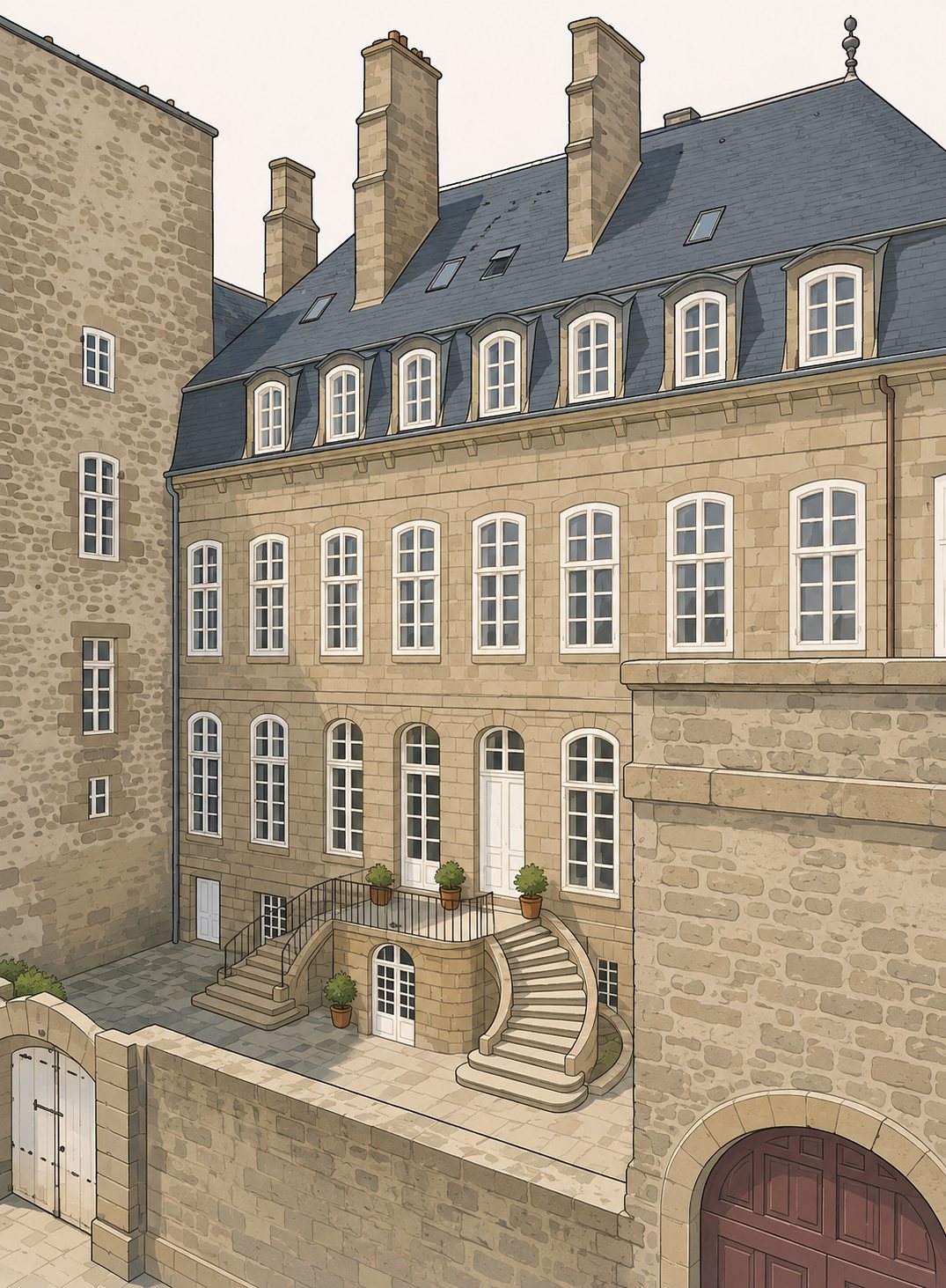 L'hôtel d'Asfeld, façade de granite à hautes fenêtres et perron à double révolution, serrée entre deux murs