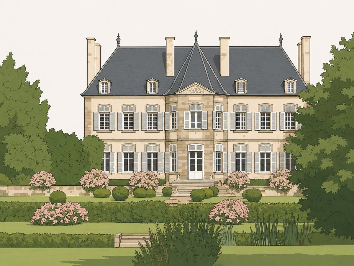 La malouinière du Bosc, longue façade classique à toit d'ardoise, devant son jardin