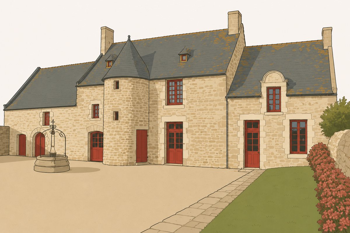 Le manoir de Limoëlou, bâtiment de granite à tourelle d'escalier et puits dans la cour