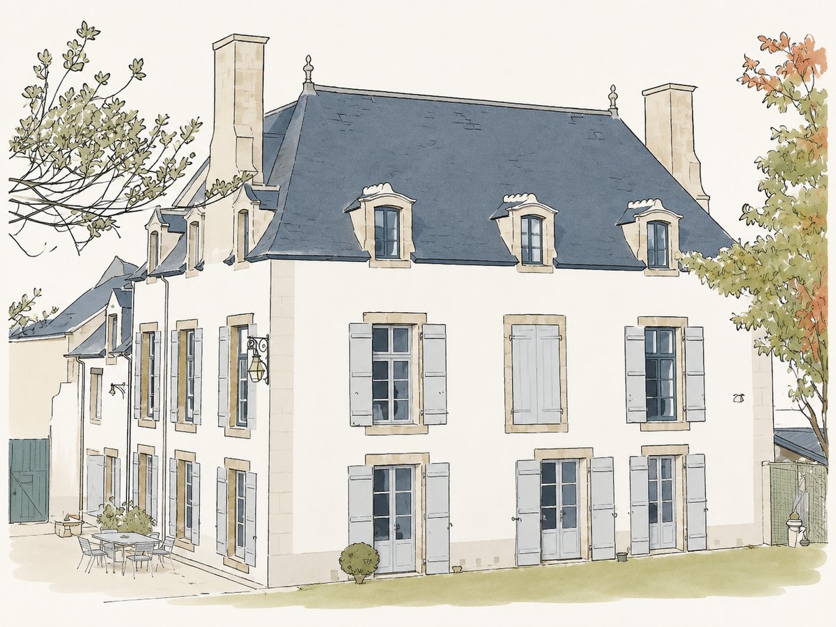 A two-storey house, pale rendered walls with dressed-stone surrounds, three dormers and tall chimney stacks on a hipped slate roof