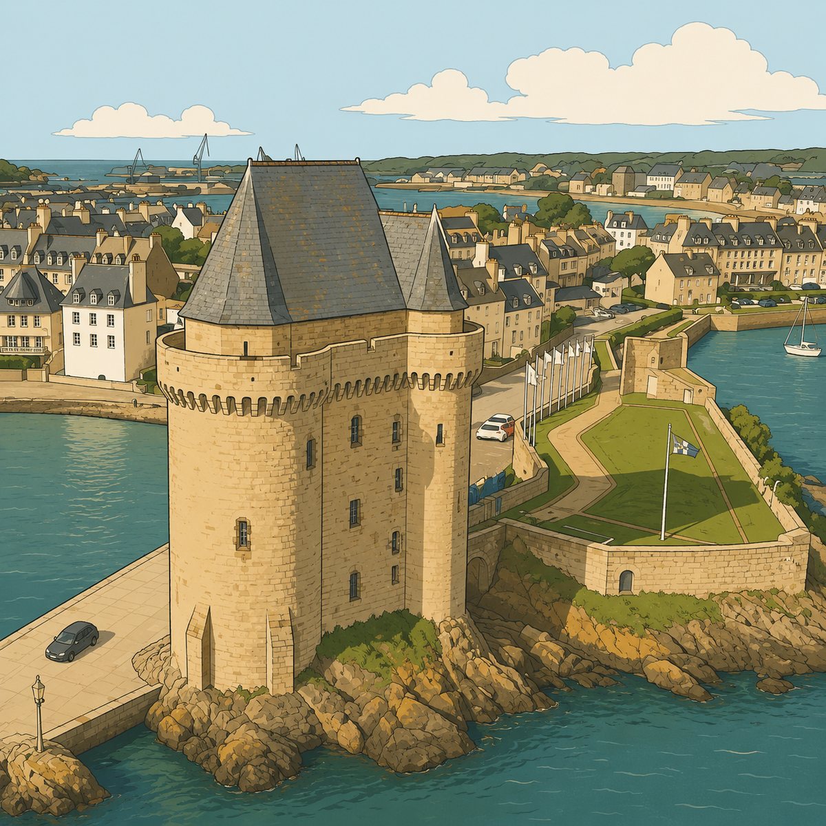 The Solidor tower at the water's edge, three towers joined under a high slate roof