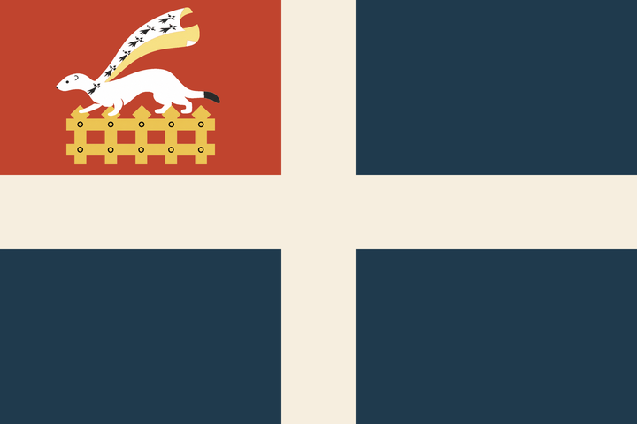 Le drapeau de Saint-Malo : croix blanche sur champ bleu, canton rouge à l'hermine passante et à la herse d'or