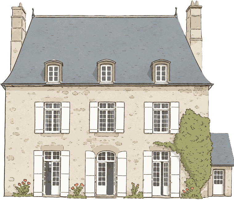Une malouinière : corps de logis en moellon sous un toit à croupes d'ardoise, trois lucarnes, hautes souches de cheminée